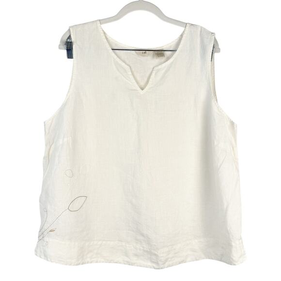 J.Jill White Linen Embroidered Floral V Neck Sleeveless Tank Top Sz 2X Light - Picture 1 of 9